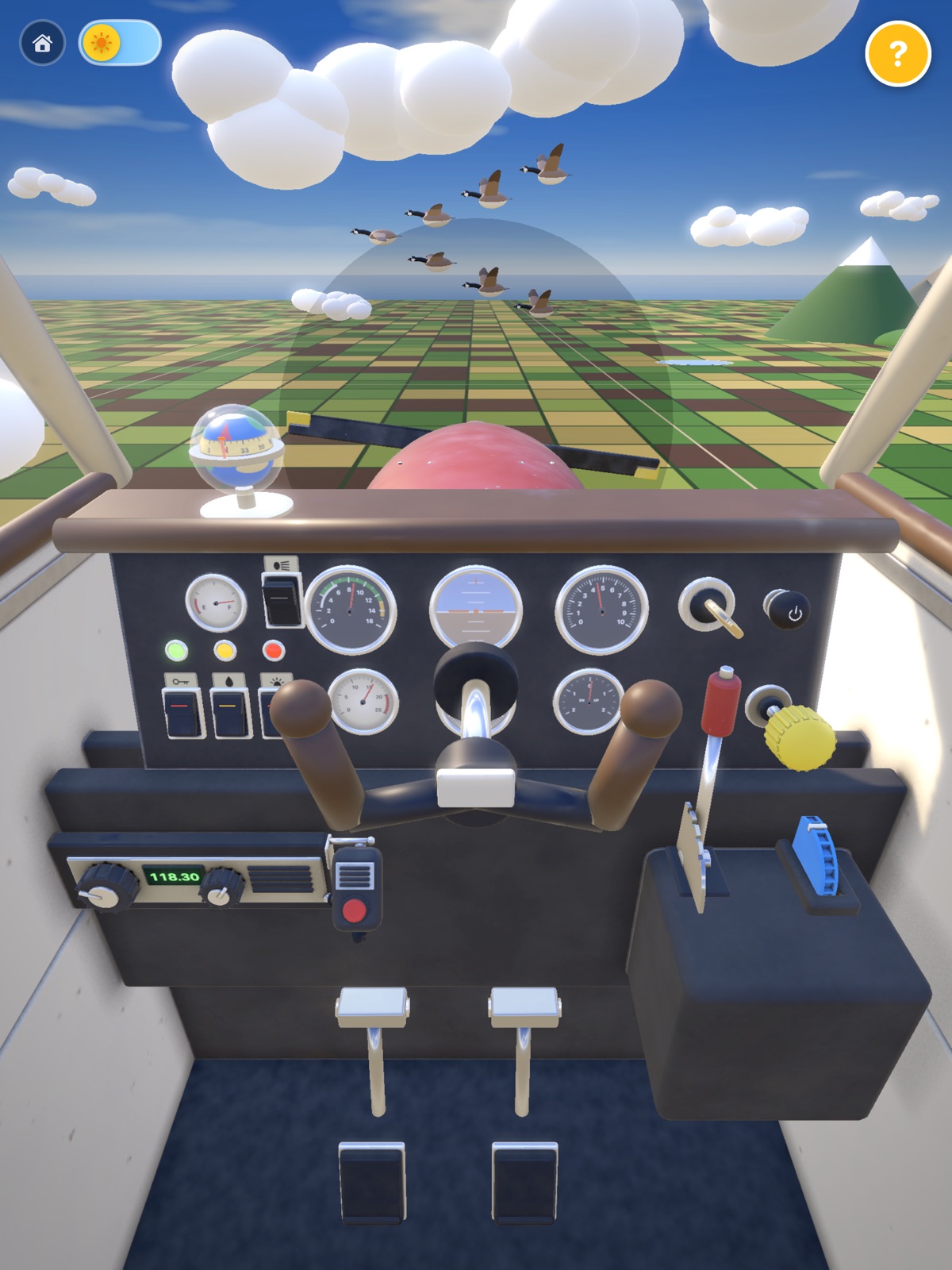 The airplane's cockpit on iPad, with a V of geese flying ahead
